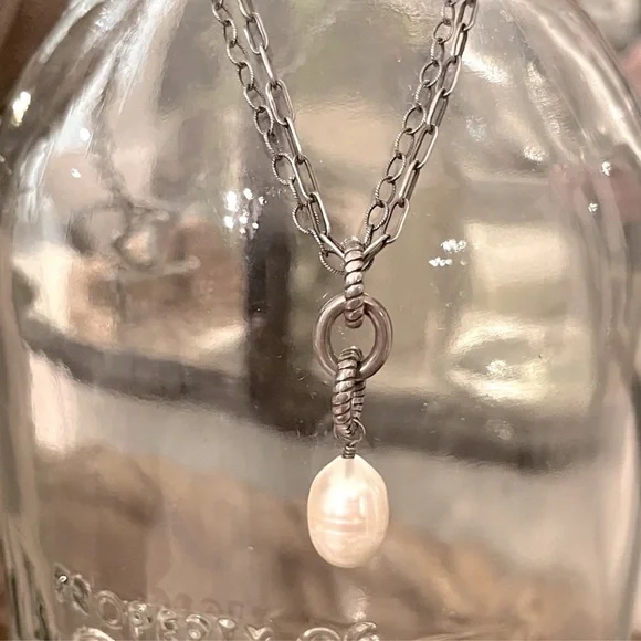 Silpada Vintage Sterling Silver Genuine Pearl Double Oxidized Chain Necklace - Picture 4 of 8